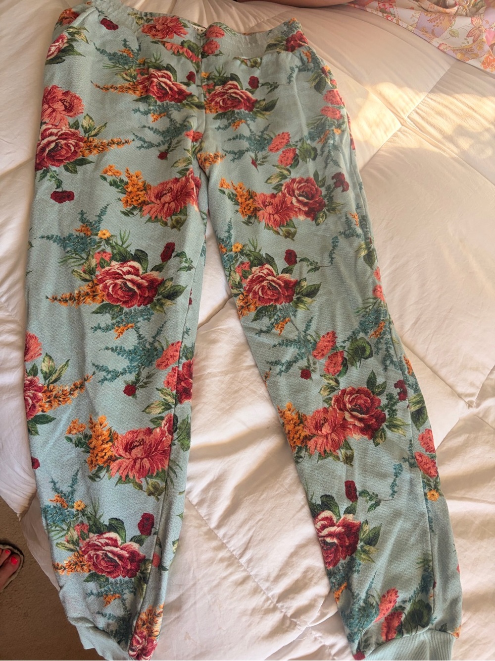 Alice + Olivia Light Blue Floral Quilted Top with Red & Orange Blooms